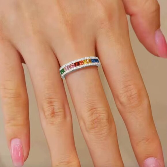 14k White Gold Diamond Rainbow Gemstones Diamond Ring Band - Picture 4 of 4